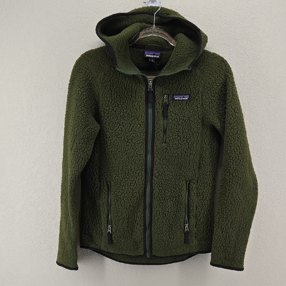 Patagonia Dark Olive Green Hooded Sherpa Fleece Jacket Size Small